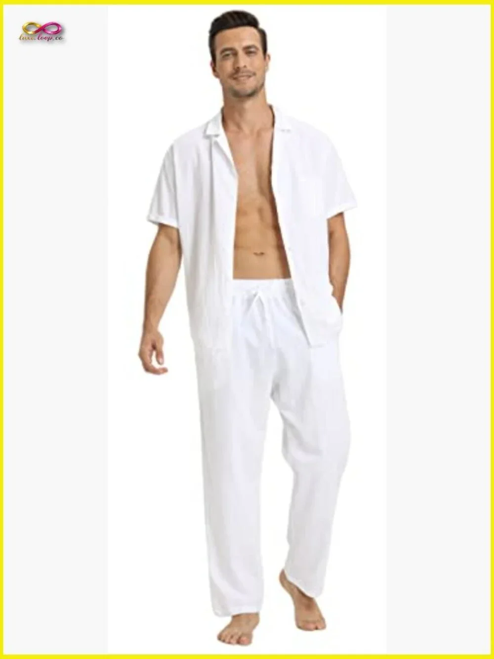 Men's Linen Suit Set Short Sleeve Shirt Yoga Pants Casual Beach Wedding Outfit